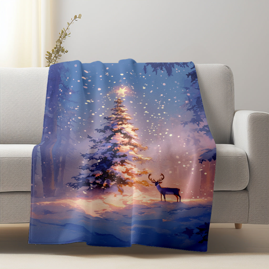 Contemporary Style Soft Flannel Fleece Blanket with Christmas Tree and Deer Design - 1 Piece, 200-250g Fabric Weight, Digital Print, All-Season Use, Washable, Multi-Functional for Sofa, Home, Office, Camping, and Travel - Polyester Cover Included.