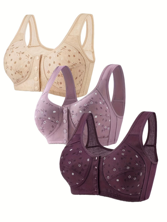 Set of 3 floral print front button wireless bras, comfortable and breathable, for women