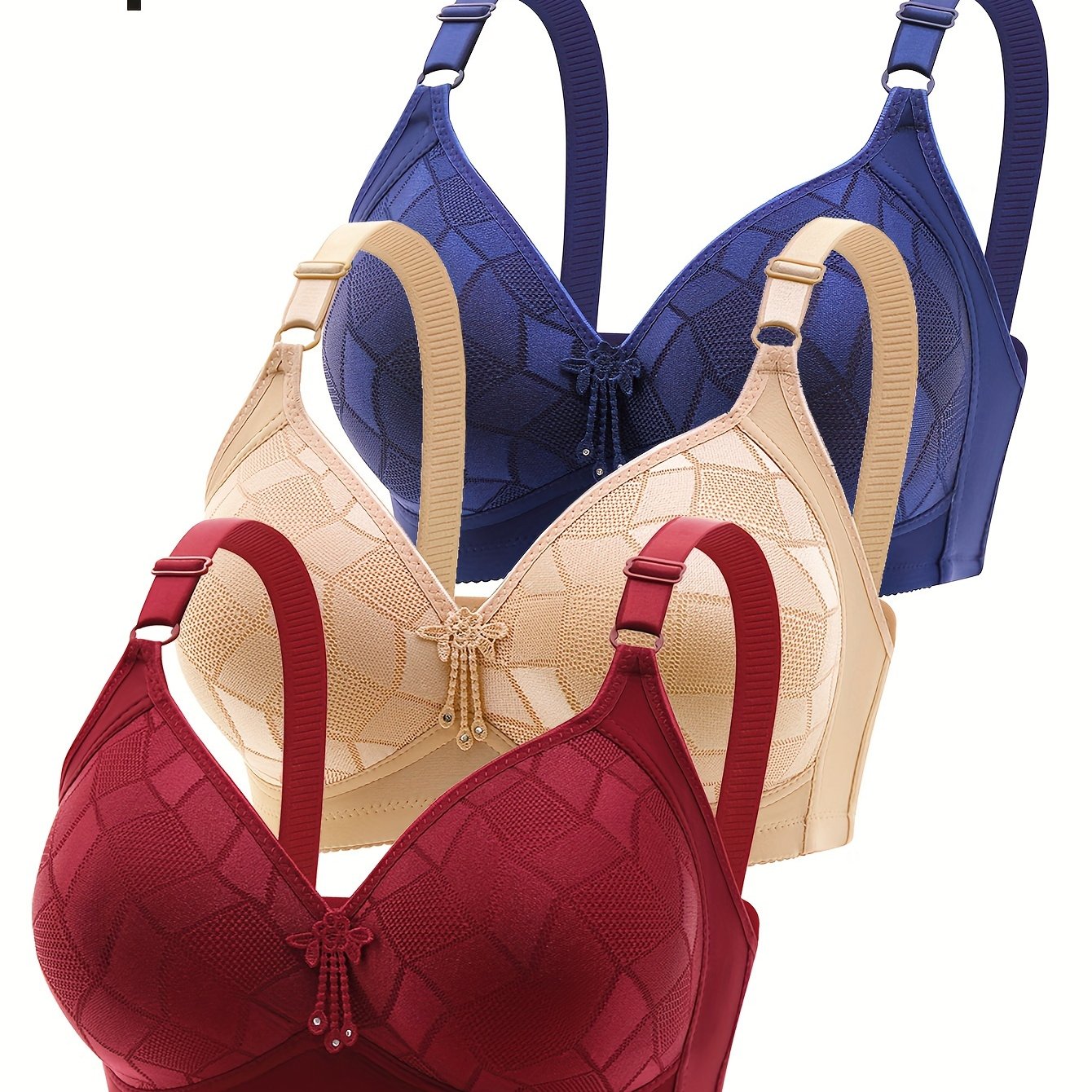 3pcs Women's Plus Elegant Bra with Geo Pattern and Push Up Design