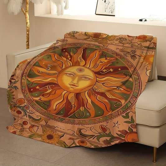 Sun pattern print throw blanket with abstract design, made of soft and plush polyester knit fabric. Features digital print for a contemporary style. Perfect for use on sofa, bed, office, camping or while traveling. Ideal for home decor and suitable for