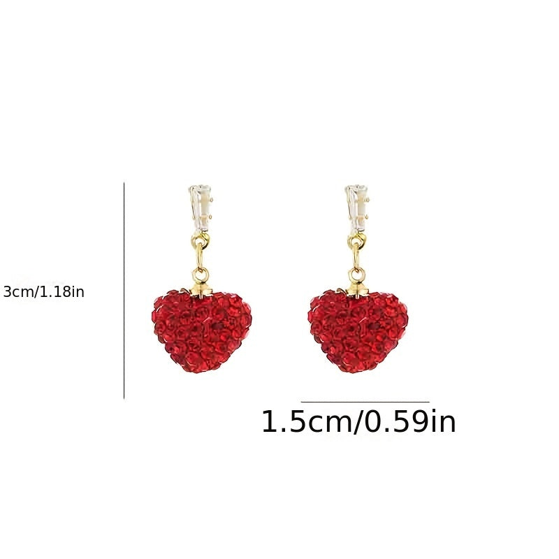 Chic Red Rhinestone Heart Earrings, Set of 2 Peach Heart Dangle Earrings featuring UV Coating, Copper Base, and 925 Silver Posts. Perfect for everyday wear and special occasions. Embrace the Korean trendy, retro, and elegant style.