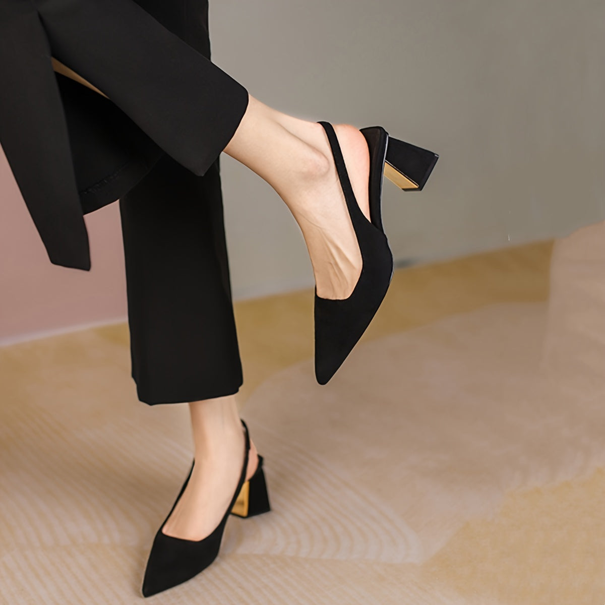 Women's stylish pointed toe block heel pumps with fabric upper and rubber sole