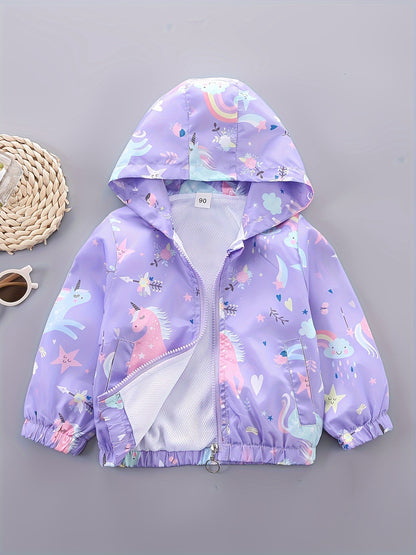 Girls' cartoon hoodie jacket with horned horse/bear and flowers pattern, featuring a zipper closure. Casual and comfortable loose fit coat.