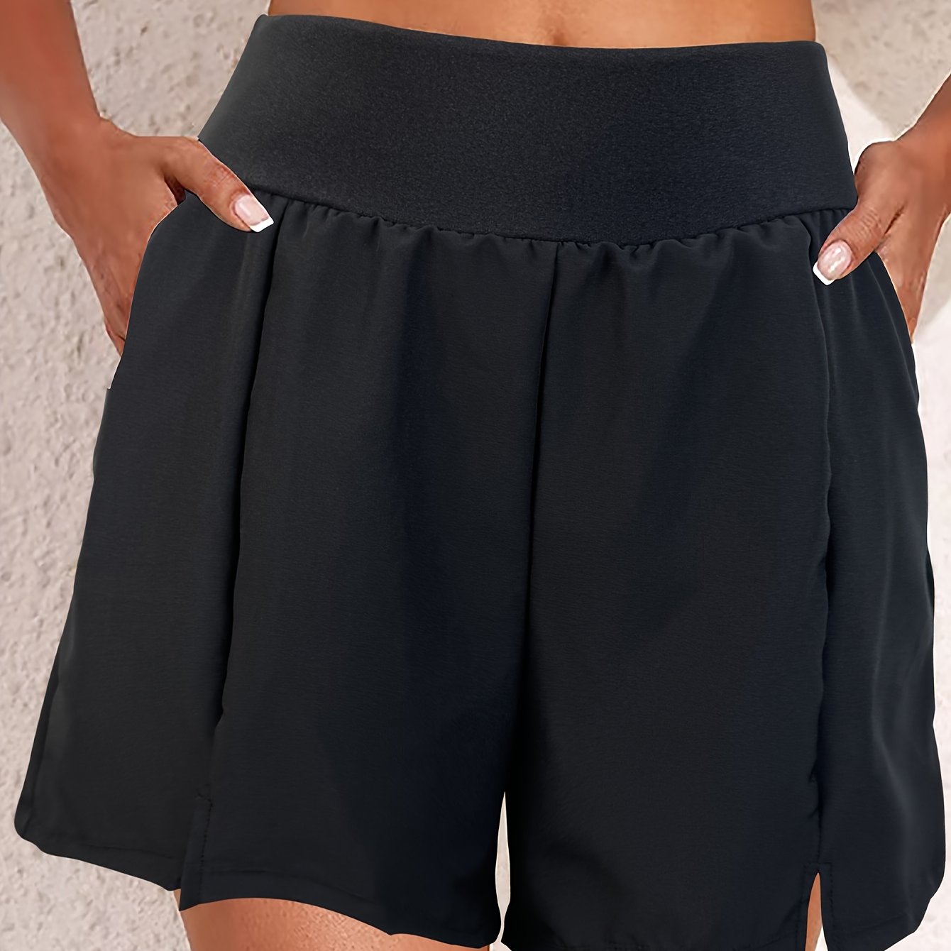 QVR Women's High-Waist Swim Shorts - Solid color, nylon & spandex blend, non-see-through, with pockets. Ideal for beach vacations.