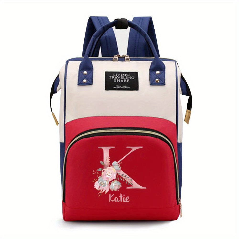 Personalized Mommy Backpack made of durable Oxford cloth with ample storage space for diapers and other essentials. Features customizable initials and name, as well as convenient bottle pockets. Perfect for nursing mothers on-the-go, with options for A-Z