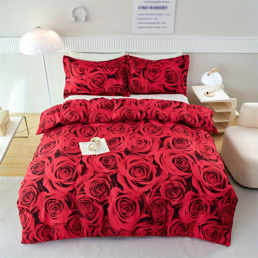 Set of 3 Duvet Covers, featuring a Romantic Red Rose Print, suitable for all seasons. This Soft, Comfortable and Breathable Bedding Set is perfect for the Bedroom or Guest Room. Includes 1 Duvet Cover and 2 Pillowcases, Core not included.