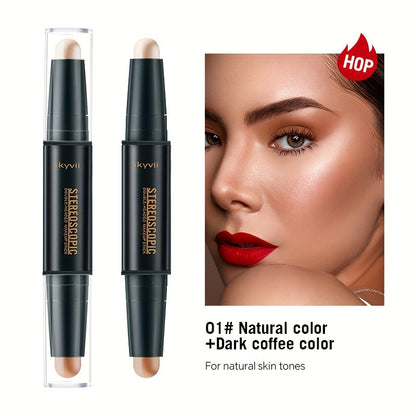 Dual-headed contouring stick for highlighting and shading to create a three-dimensional V-shaped nose shadow and high nose effect.