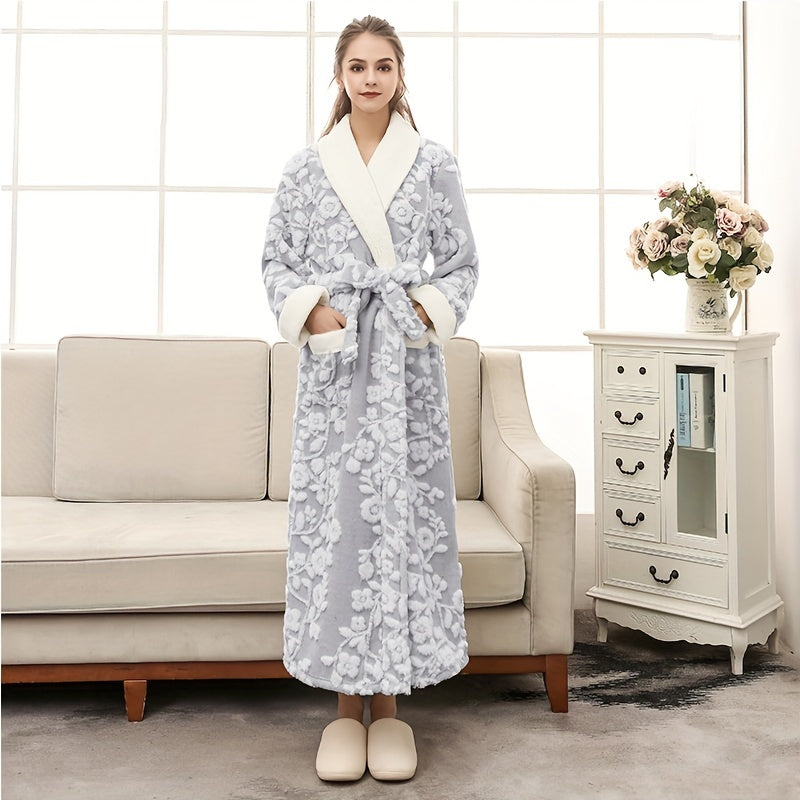 1pc Unisex Thickened Long Bathrobe with Flower Pattern, Ideal for Couples. Ideal for Home and Bathroom use.