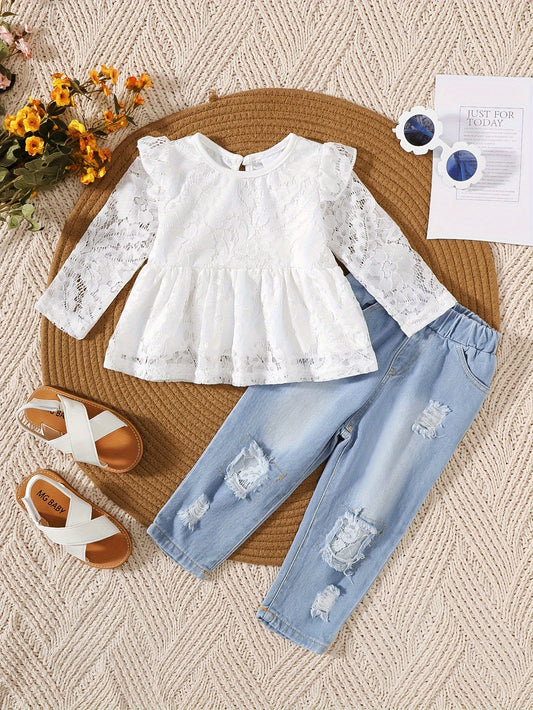 White Lace Fly Sleeve Top & Ripped Denim Jeans Set for Outdoor Seasons