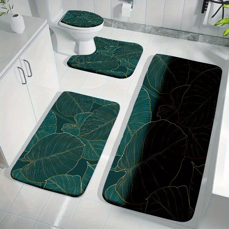 Set of 4 velvet sponge bath mats featuring non-slip designs in leaves, flowers, sea waves, and wooden board patterns. Includes an extended thickened toilet rug, durable non-slip bathroom rug, comfortable U-shaped toilet mat, and toilet cover mat for