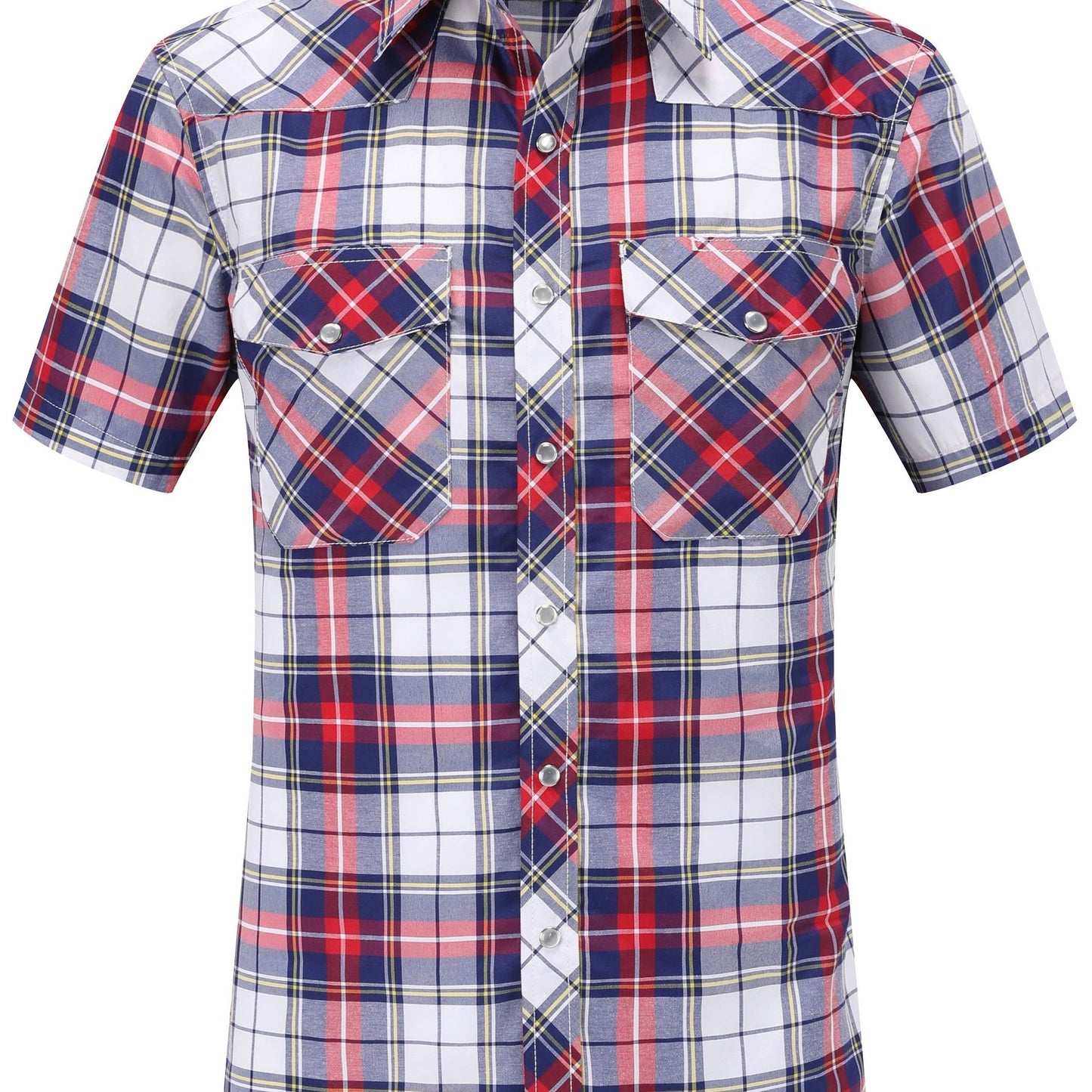 Men's Summer Casual Plaid Shirt, 94% Polyester 6% Cotton, Short Sleeve, Skinny Fit, Lapel Collar, Single Breasted, 2 Pockets with Pen Holder, Lightweight Fabric, Pearl Snap Buttons, Regular