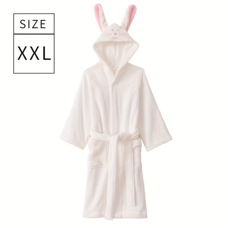 Children's bathrobe with cute rabbit face design, made of quick-drying absorbent cotton. Perfect for home or bathroom use.