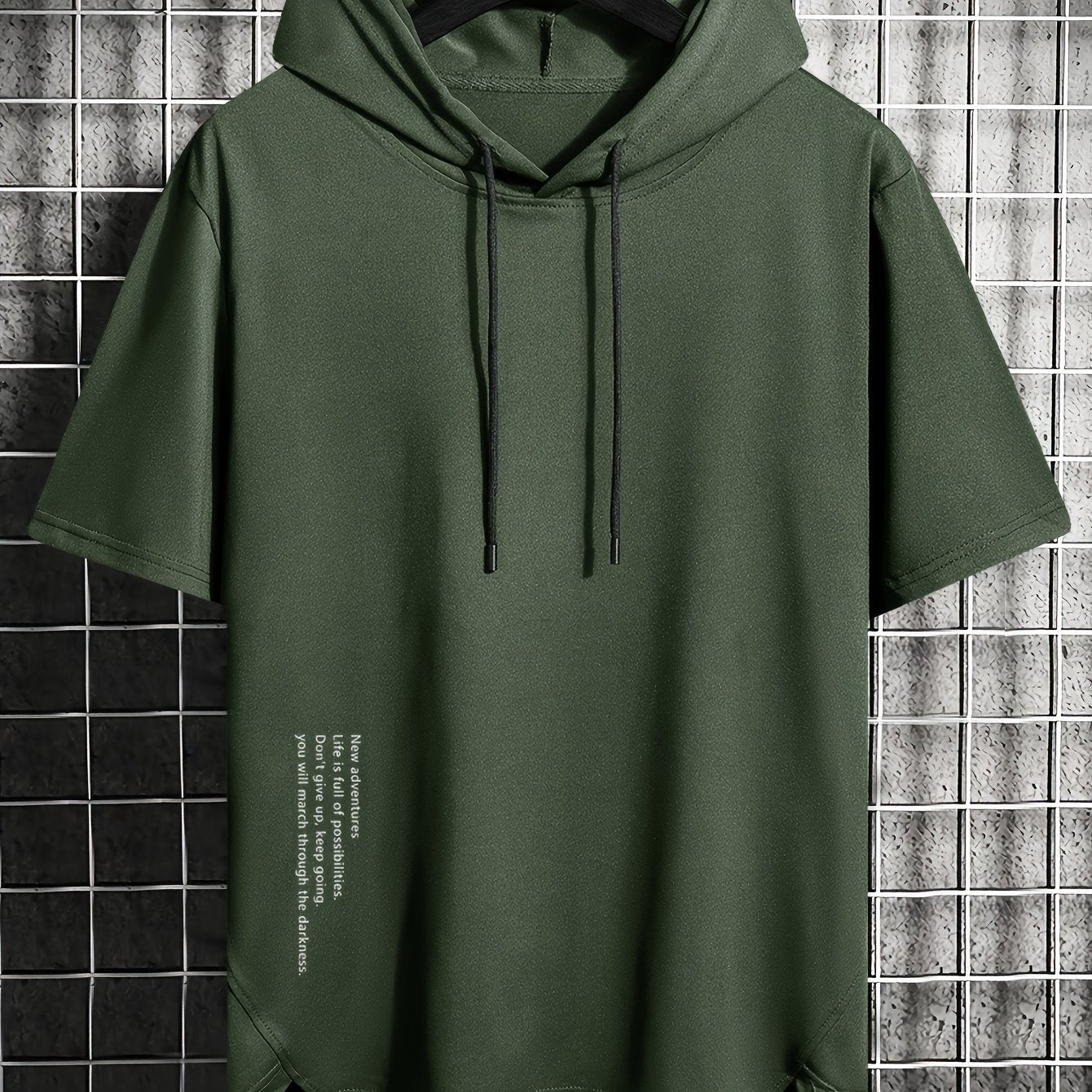 Men's summer casual hooded T-shirt with asymmetrical alphabet print, short sleeve, slight stretch knit fabric, regular fit hoodie for weekend - polyester.