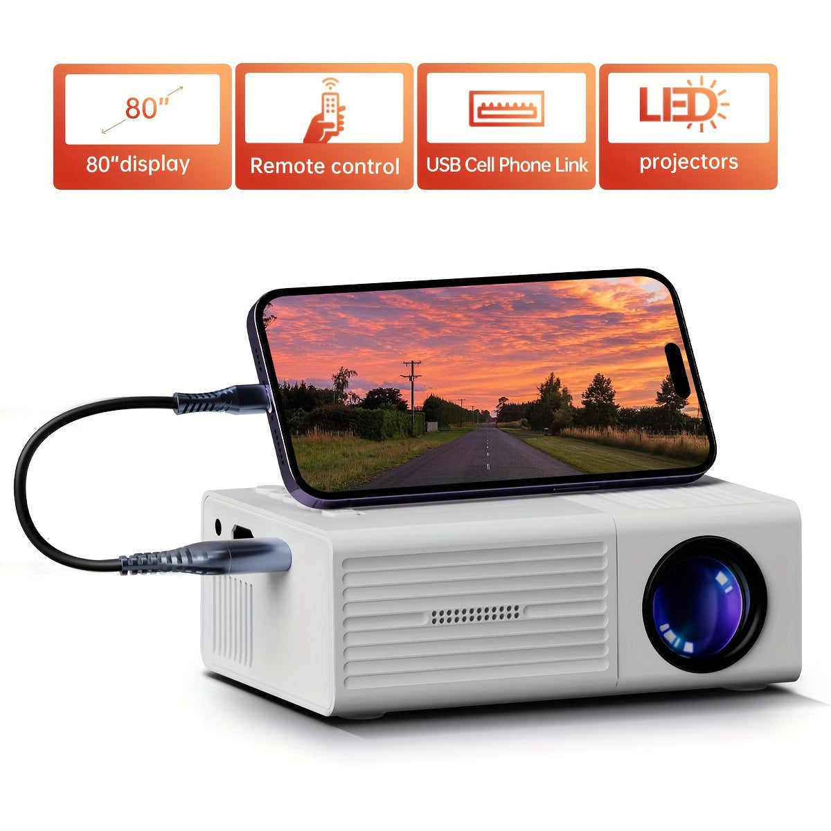 Portable mini projector with 3000 lumens and EU plug for indoor/outdoor movie nights. Features USB & HDTV connectivity, remote control, and compatibility with smartphones, tablets, and