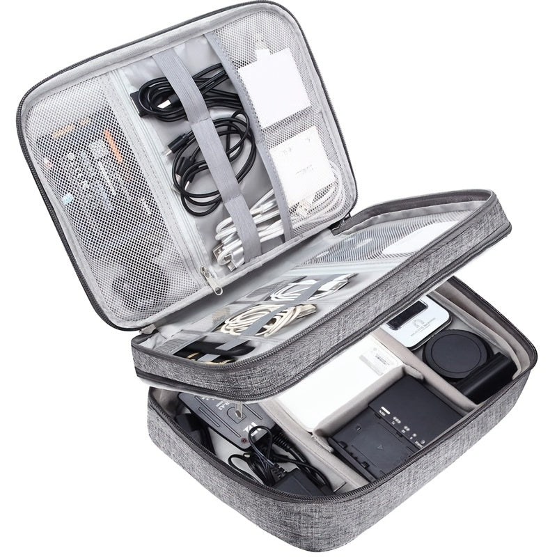 Polyester organizer bag stores digital accessories, cables, headphones, hard drive, power cord, and makeup.