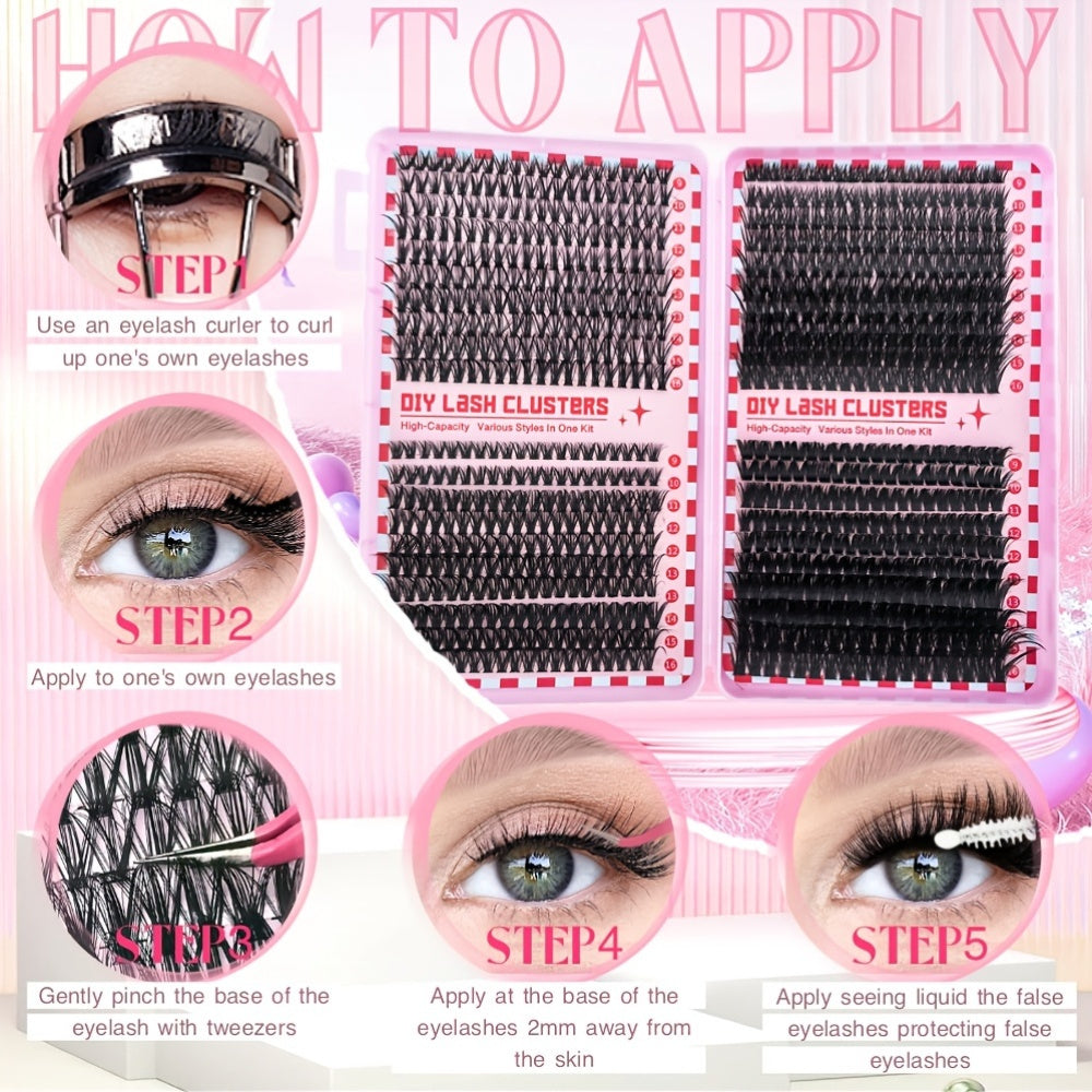 DIY Eyelash Extension Kit with 800pcs D-Curl Doll lashes in various styles and thicknesses, 9-16mm Mix Lash Clusters, and essential tools for easy at-home application.