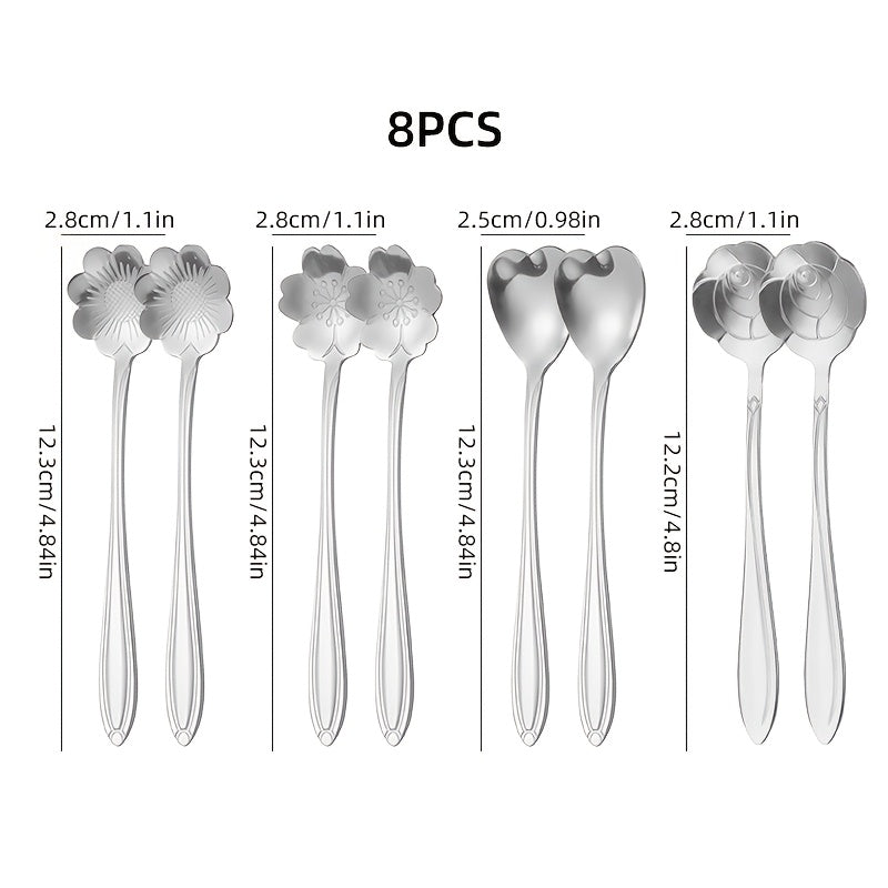 Set of 8 elegant stainless steel coffee spoons with a flower pattern; perfect for serving coffee and dessert. An ideal kitchen gift for coffee lovers, suitable for holidays such as Christmas, Halloween, Thanksgiving, Easter, and Hanukkah.