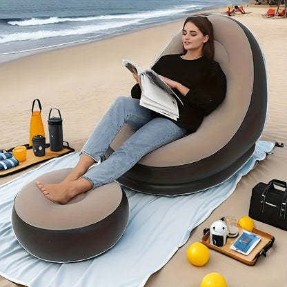 The Inflatable Lazy Sofa Chair with Footrest is a portable and foldable outdoor lounger made of comfortable velvet fabric. It is easy to clean and can be used for various purposes. No assembly is required, and it includes an inflation pump. It is