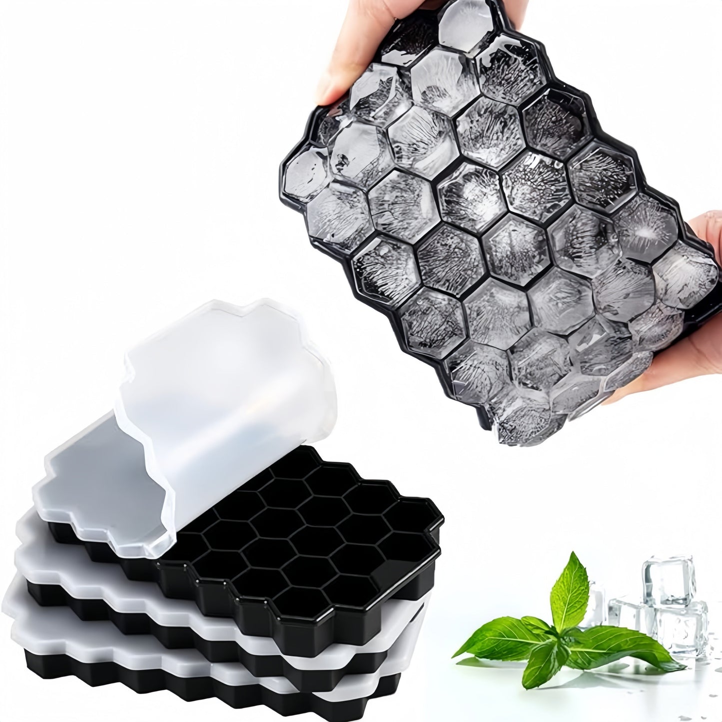 Silicone Ice Cube Tray with Lid - 37 Hexagonal Cubes, Stackable Design, Easy to Release, Ideal for Whiskey and Cocktails, Great for Holiday Parties like Halloween and Christmas