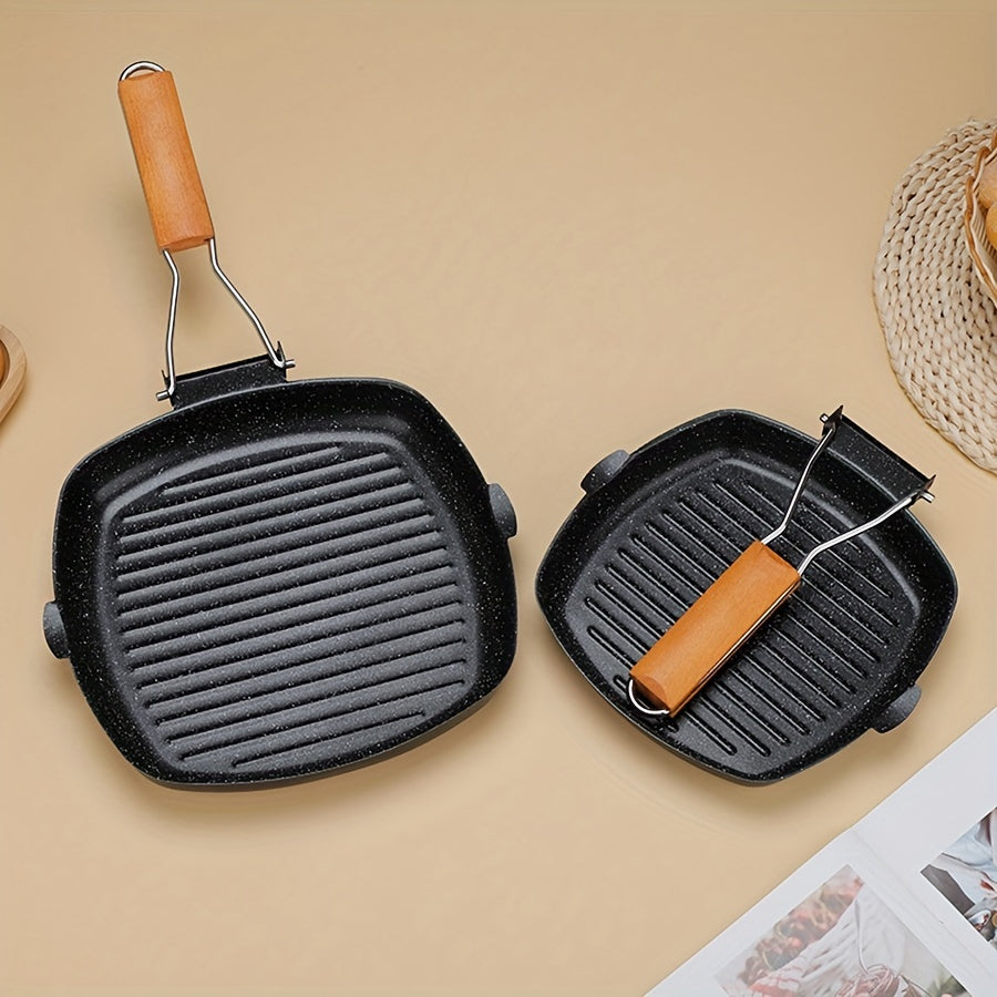 Meizhu Single Meal Cooking: Cast Iron Skillet Non-Stick Grill Pan with Wooden Handle - Oven Safe Griddle for Steaks and Breakfast, Perfect for Gas Stove Compatibility