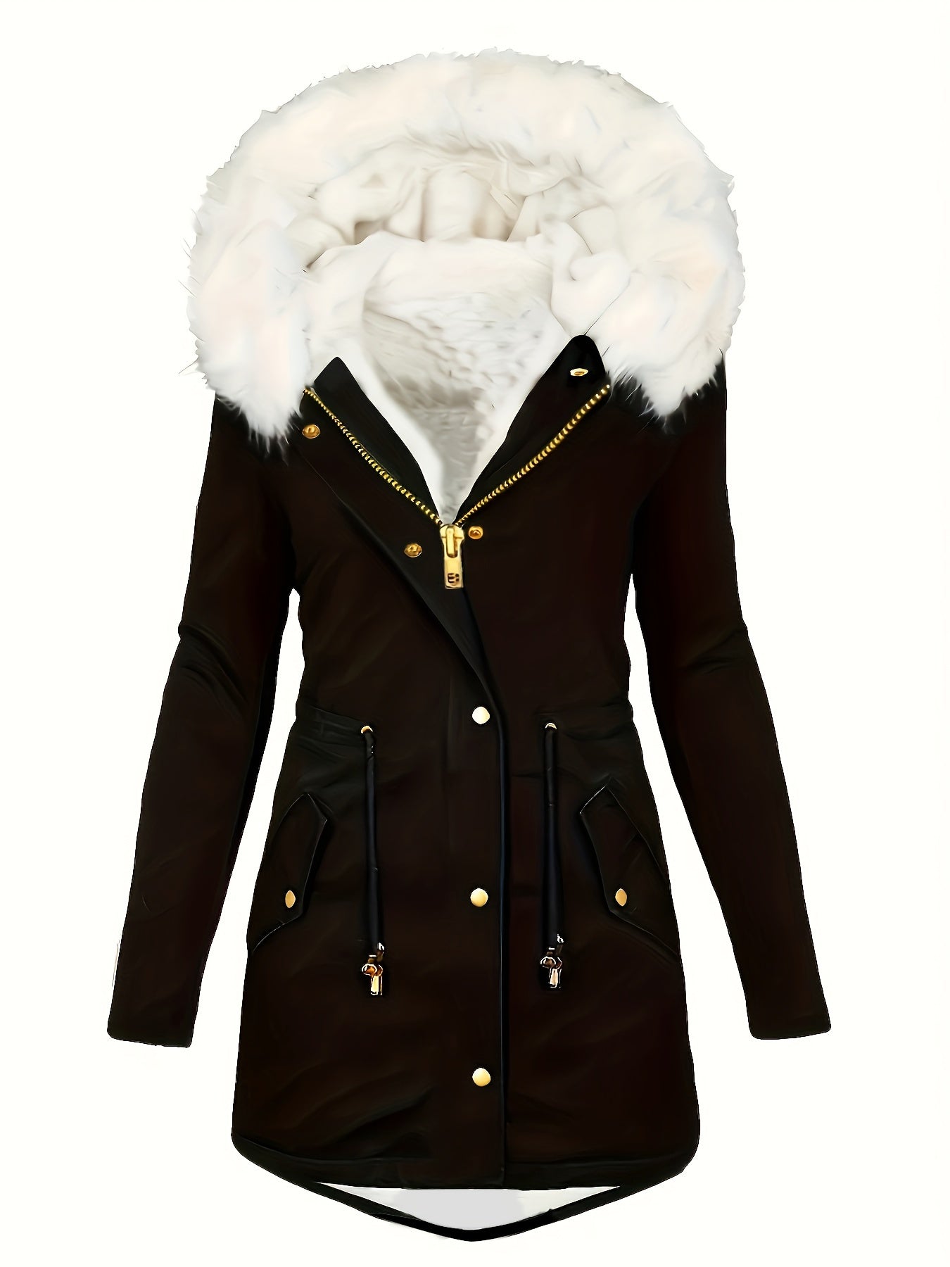 Women's plus size winter coat with fuzzy contrast, drawstring waist, full zipper, warm pockets, and long sleeves.