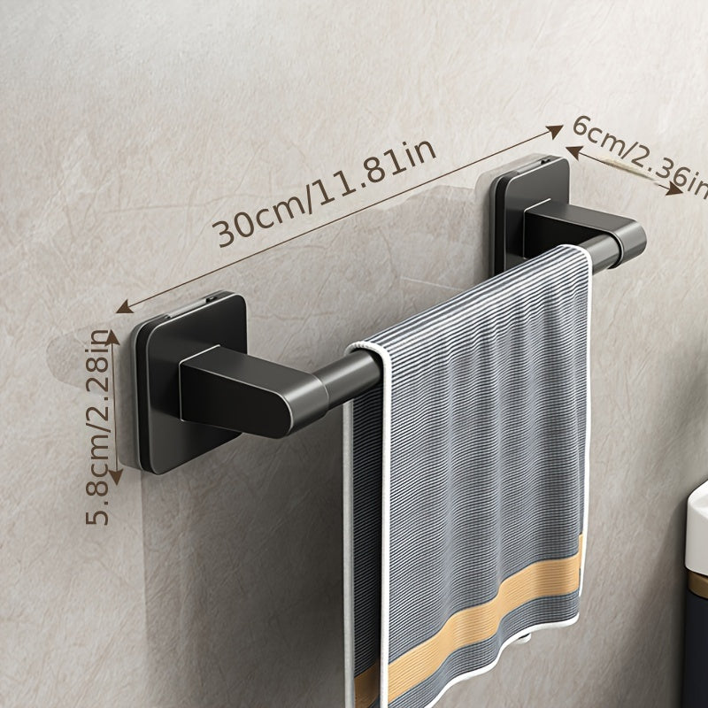 Alloy towel bar for easy installation. Wall mounted with no drilling needed. Available in 30.48cm, 40.64cm, and 50.8cm sizes. Ideal for bathroom storage.