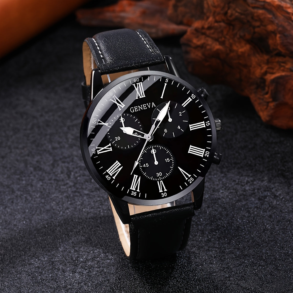 Men's watch set with 1 quartz watch and 4 bracelets, all featuring a black faux leather design.