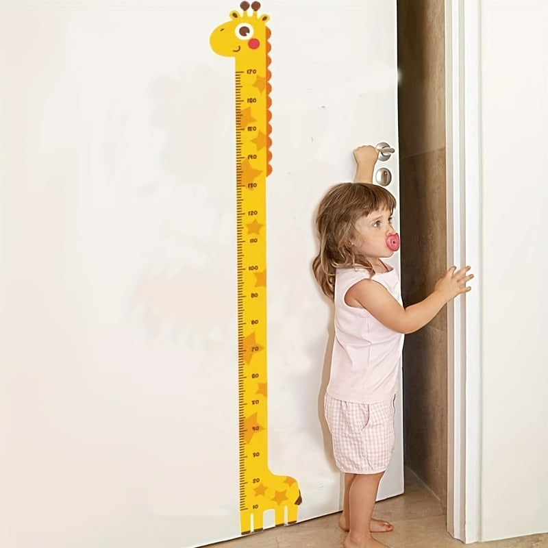 Cute yellow giraffe height chart sticker with colorful tail. Easy to peel and stick. Ideal for kids' rooms or classrooms.