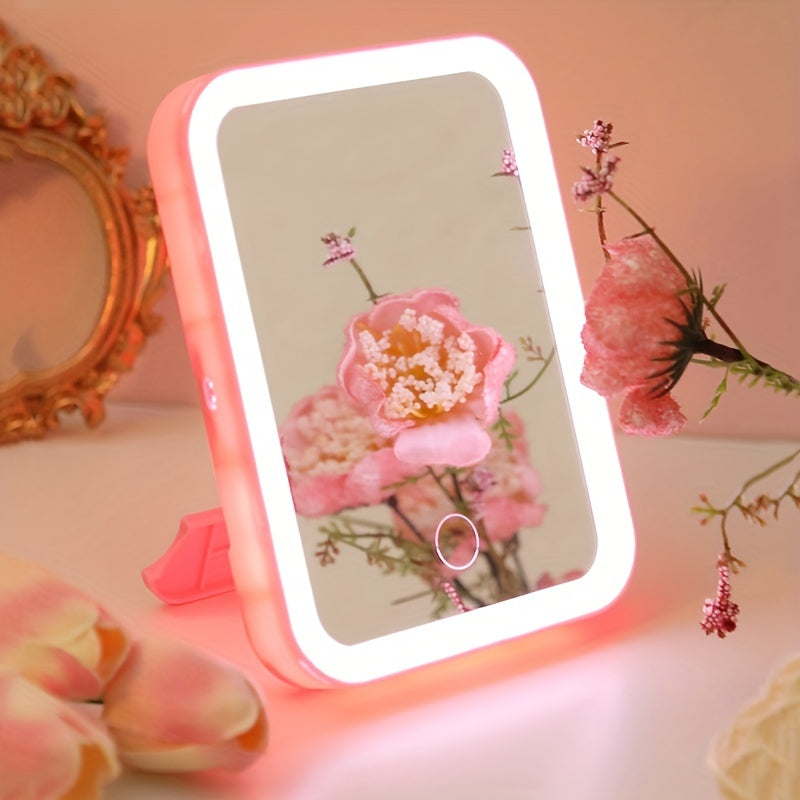 1pc LED Vanity Mirror with Touch Sensor, USB Rechargeable, 3 Light Modes, Portable Tabletop Makeup Mirror, Flower Theme, Plastic Frame, Unscented, Lithium Battery 500mAh, for Bedroom &