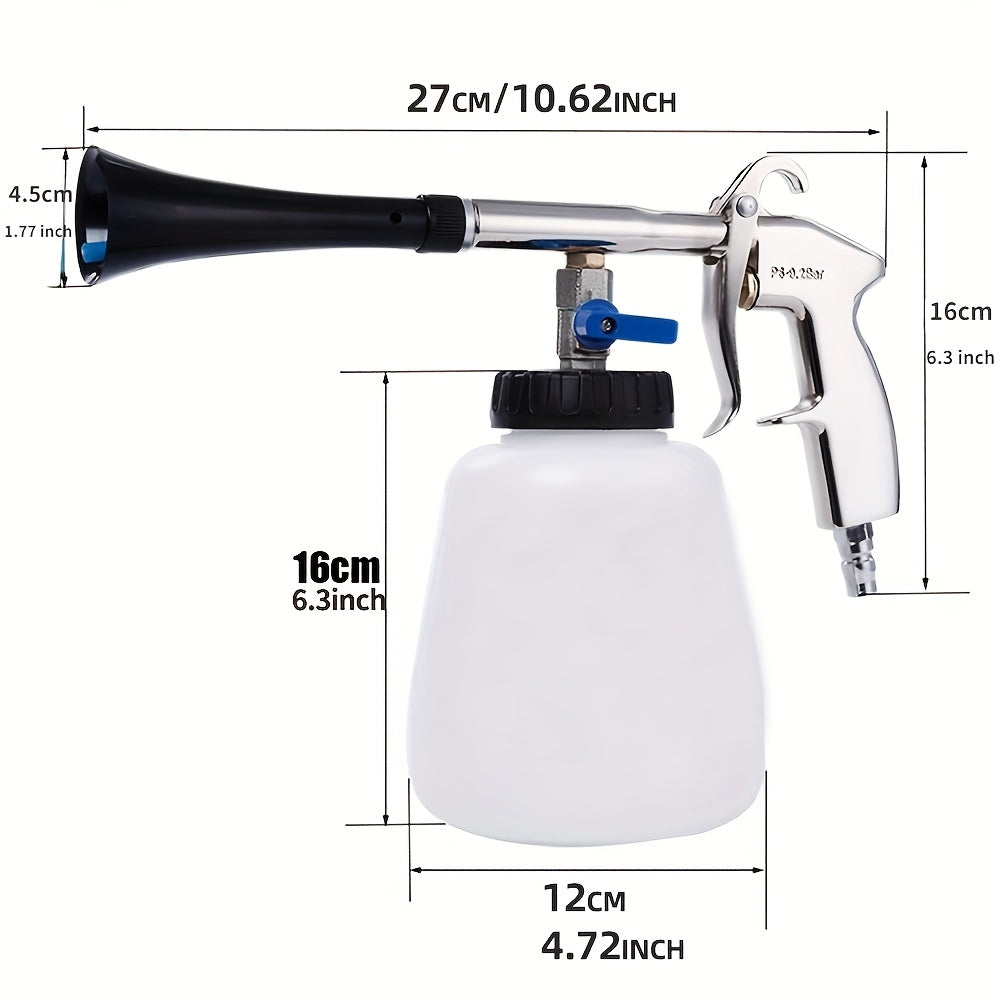 Universal fit pneumatic car wash gun for efficient dust removal and deep cleaning of car interior & engine compartment. Ideal auto detailing tool with US/EU type spray pot.