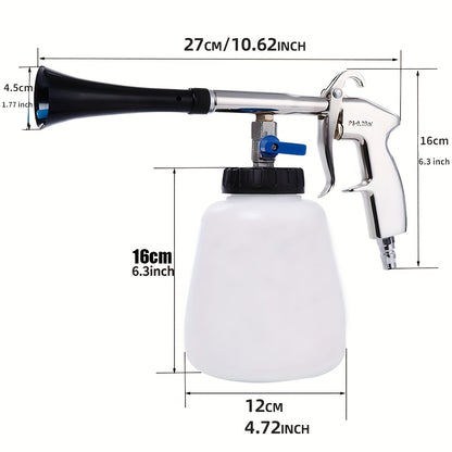 Universal fit pneumatic car wash gun for efficient dust removal and deep cleaning of car interior & engine compartment. Ideal auto detailing tool with US/EU type spray pot.