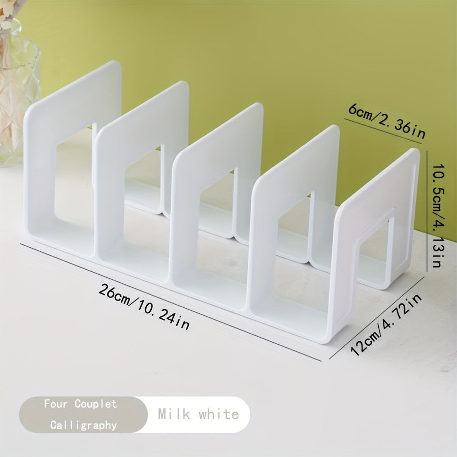 Versatile plastic book organizer for desk or office space-saving storage.