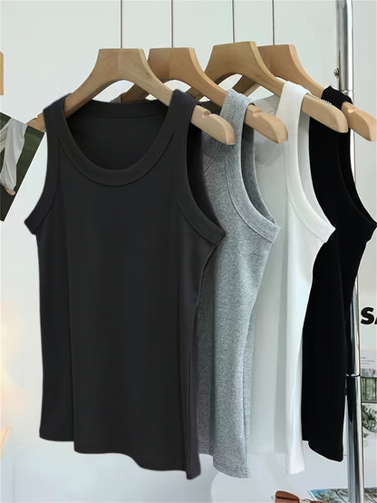 Set of 4 U-neck camisole vests for women, perfect for spring/summer. Can be worn as an outer layer or as a sleeveless base shirt. Features low neckline for breathability and comfort.