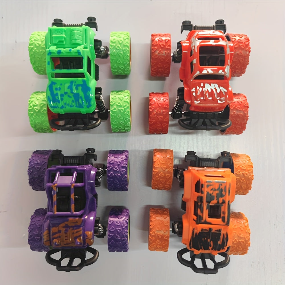 Set of 4 Monster Trucks for Kids 3+ | Friction-Powered, Double-Direction Inertia with 360° Rotation | Durable Pull Back Vehicles - Ideal Birthday Present