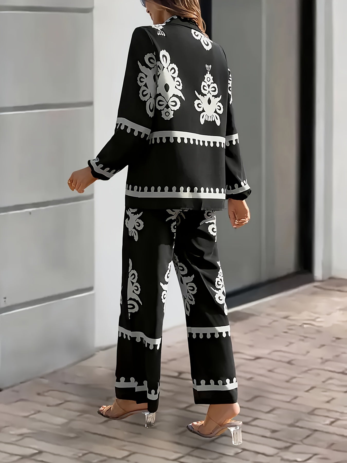 Women's Tribal Print Two-Piece Set, Long Sleeve Top and Pants, 100% Polyester, Lapel Collar, Spring/Summer 2071