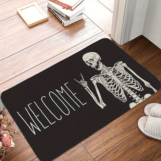 Welcome guests with this Halloween-themed Skull Doormat, designed for both indoor and outdoor use. This non-slip rug is easy to clean, stain-resistant, and low pile for safe and convenient use. Made of polyester and weighing under 700g/m², this festive