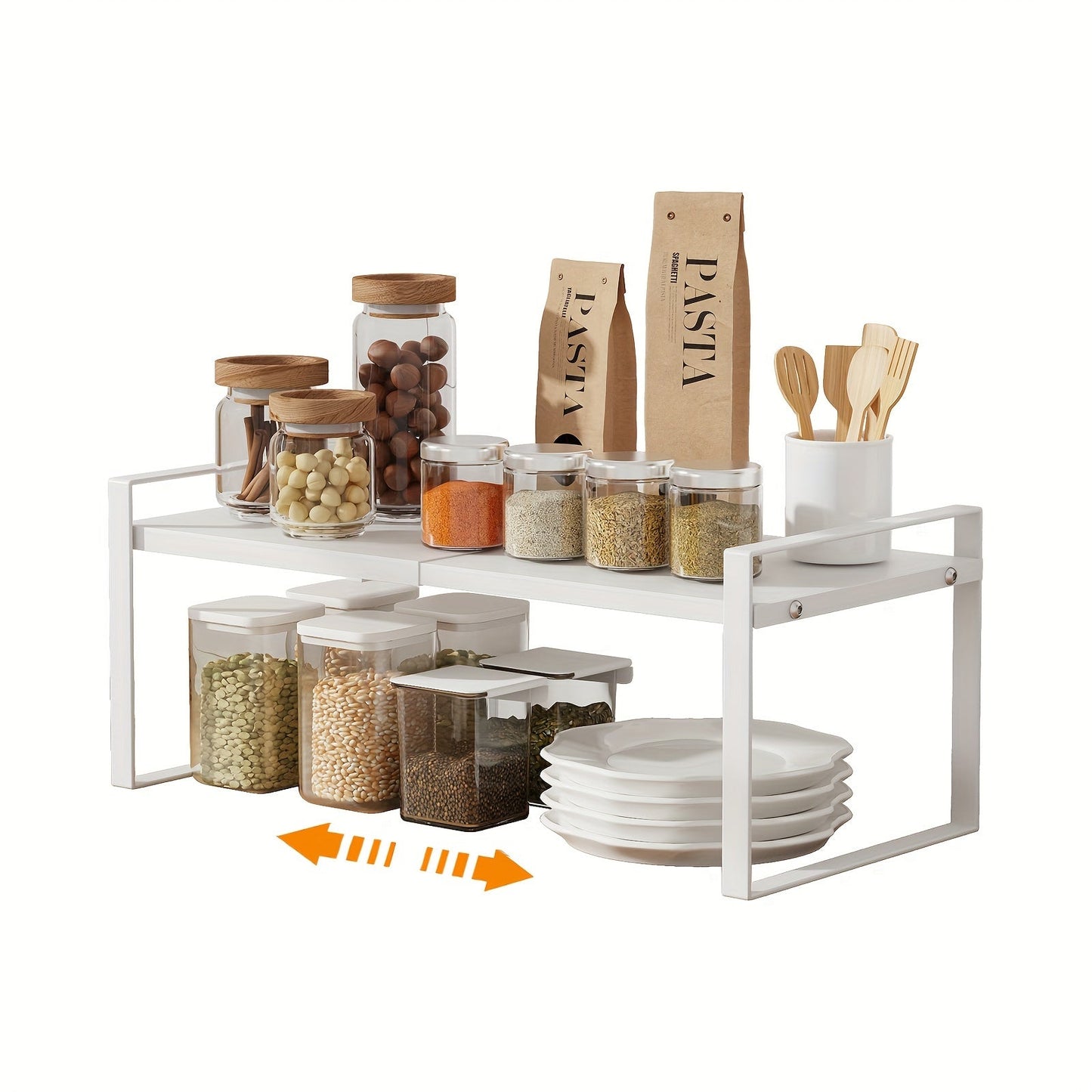 The 2-Tier Expandable Black Metal Cabinet Organizer Riser is a heavy-duty, non-slip storage shelf designed for use in the kitchen pantry, under sink, or on countertops. This stackable organizer is space-saving and features an open storage design, making