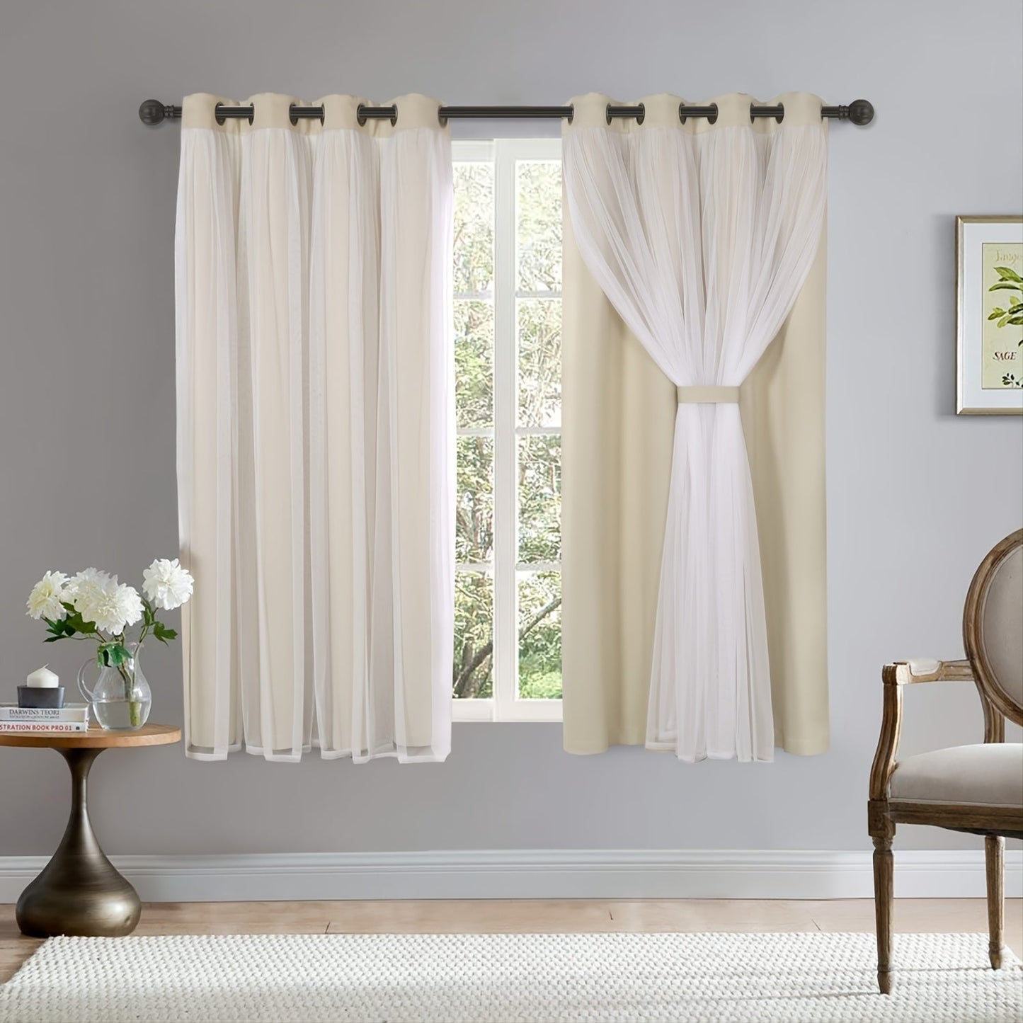 Grey bedroom blackout curtains with white sheer voile double-layered combination, featuring grommet design for easy hanging.