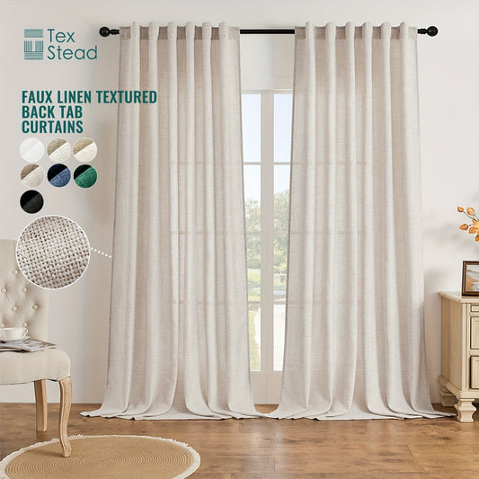 Set of two faux linen textured semi-sheer curtains, perfect for adding a touch of farmhouse charm to your living room or bedroom. These curtains provide light filtering privacy and are ideal for home decor.