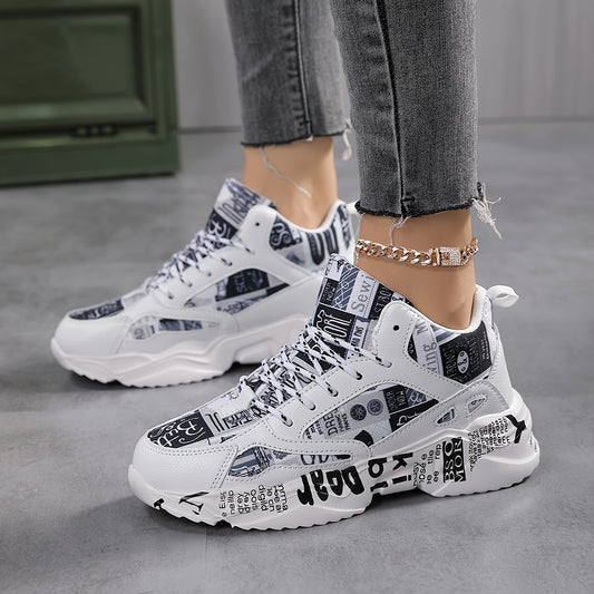 Breathable chunky sneakers with bold letter print & denim-like fabric, comfortable, lightweight all-season running shoes for men and women, urban streetwear shoes, midtop sneakers with