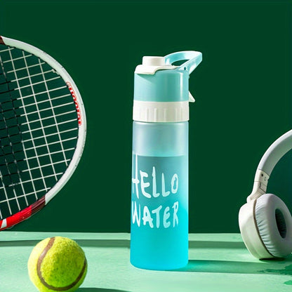 Large capacity gradient sports water bottle with spray function, made of durable PP, essential for summer cooling. Available in blue, green, or pink with "HELLO WATER" motif.