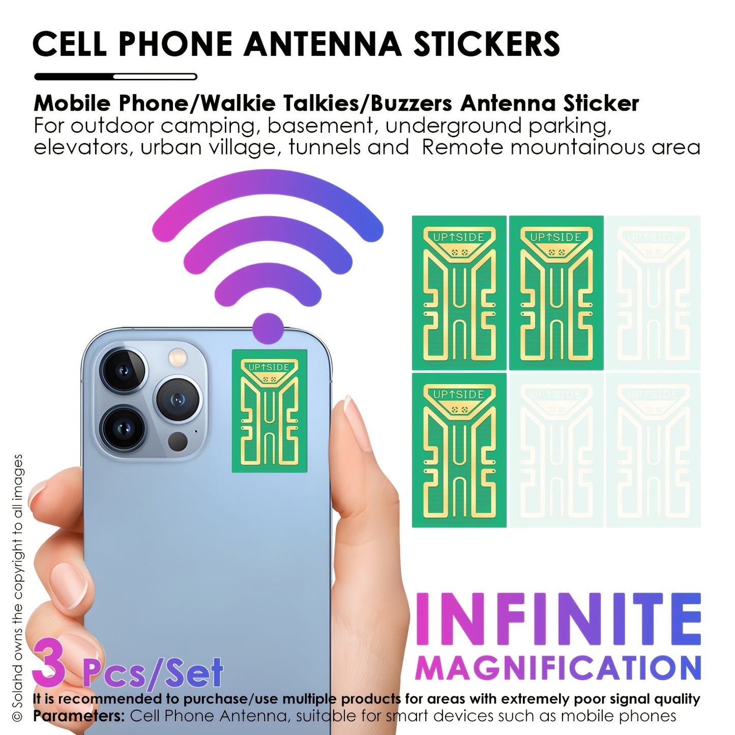 Compact, lightweight antenna stickers for portable devices enabling network connections in isolated areas, ideal for outdoor enthusiasts. Can be used with computers and wireless gadgets.