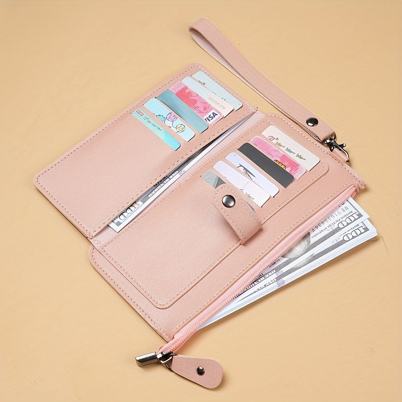 Casual women's wallet with large capacity, zippered coin purse, card slots, and wristlet clutch in faux leather.