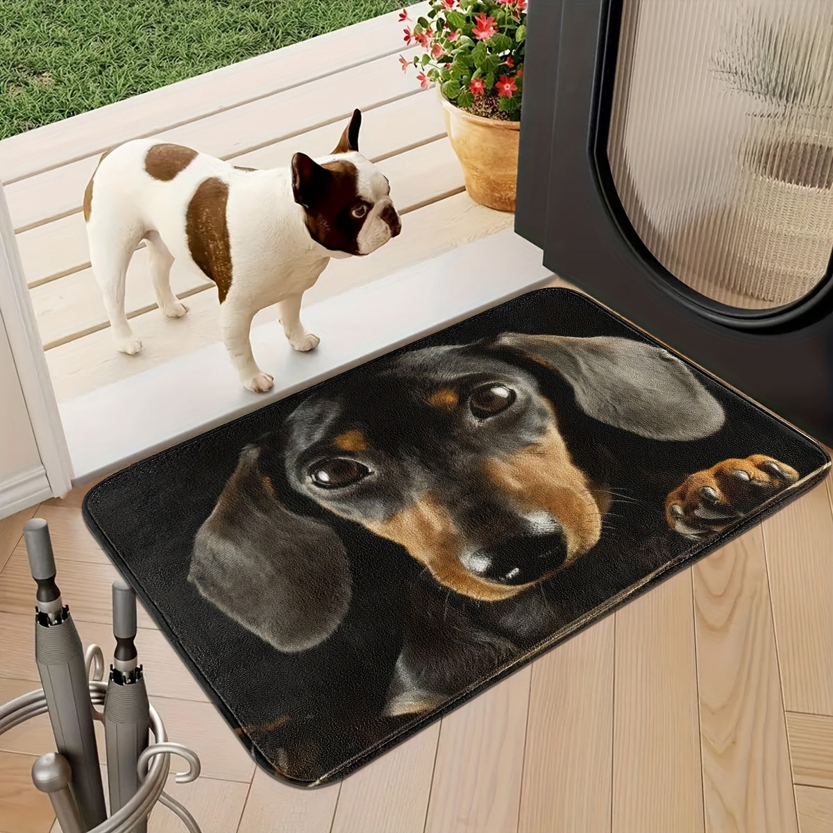 Machine washable, soft and absorbent Black Dachshund Dog Print Door Mat with non-slip backing for home entrances.