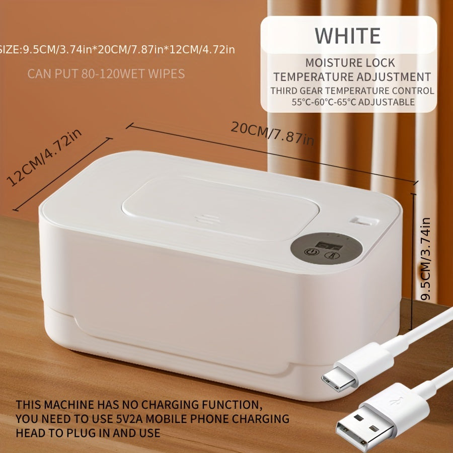 Portable wipes warmer with constant temperature insulated dispenser, featuring a 10W power USB heating box, three-speed temperature adjustment from 55-65 degrees.