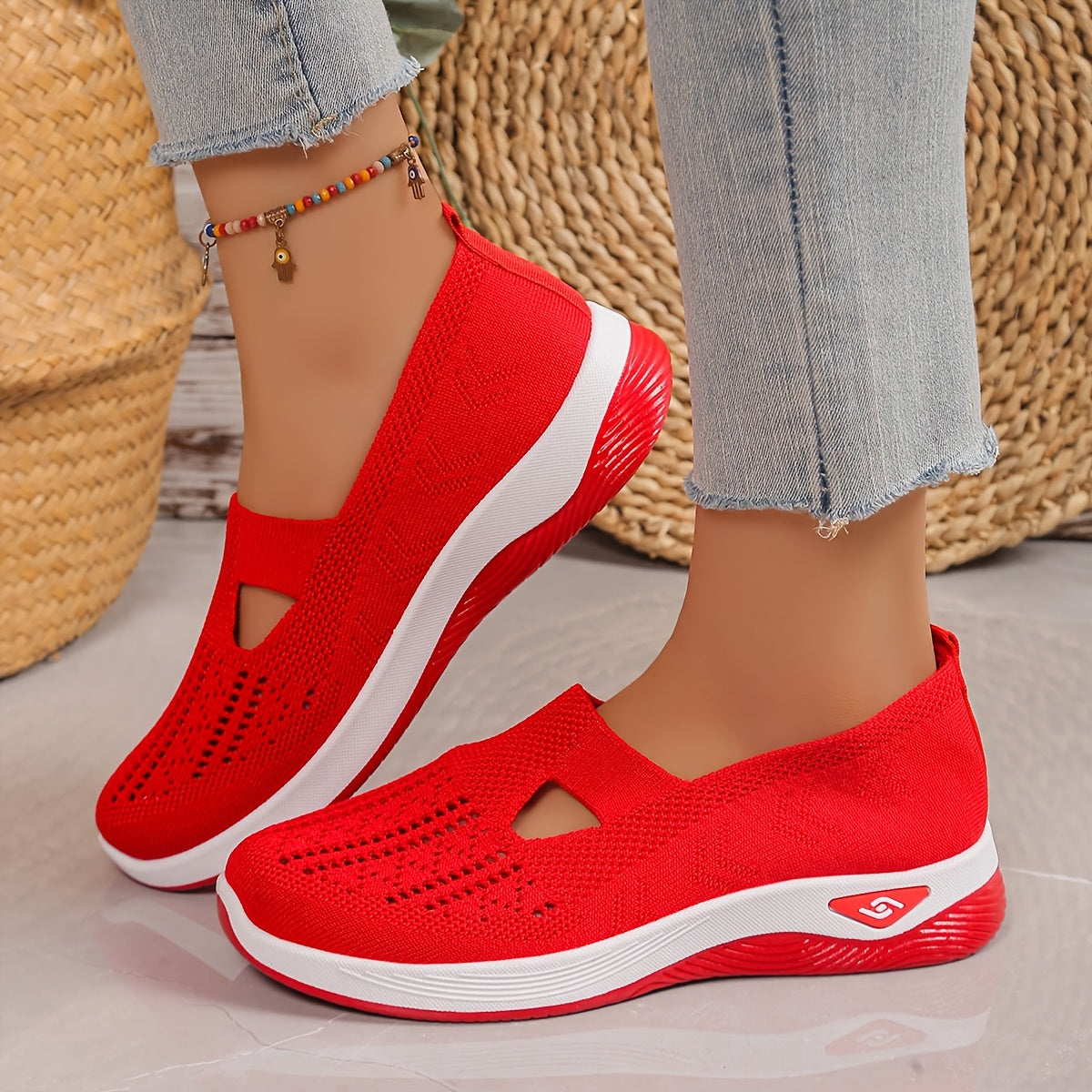 Women's casual fashion sneakers with solid color, breathable fabric upper, comfortable TPU sole, low top pull-on plain toe, for spring season.