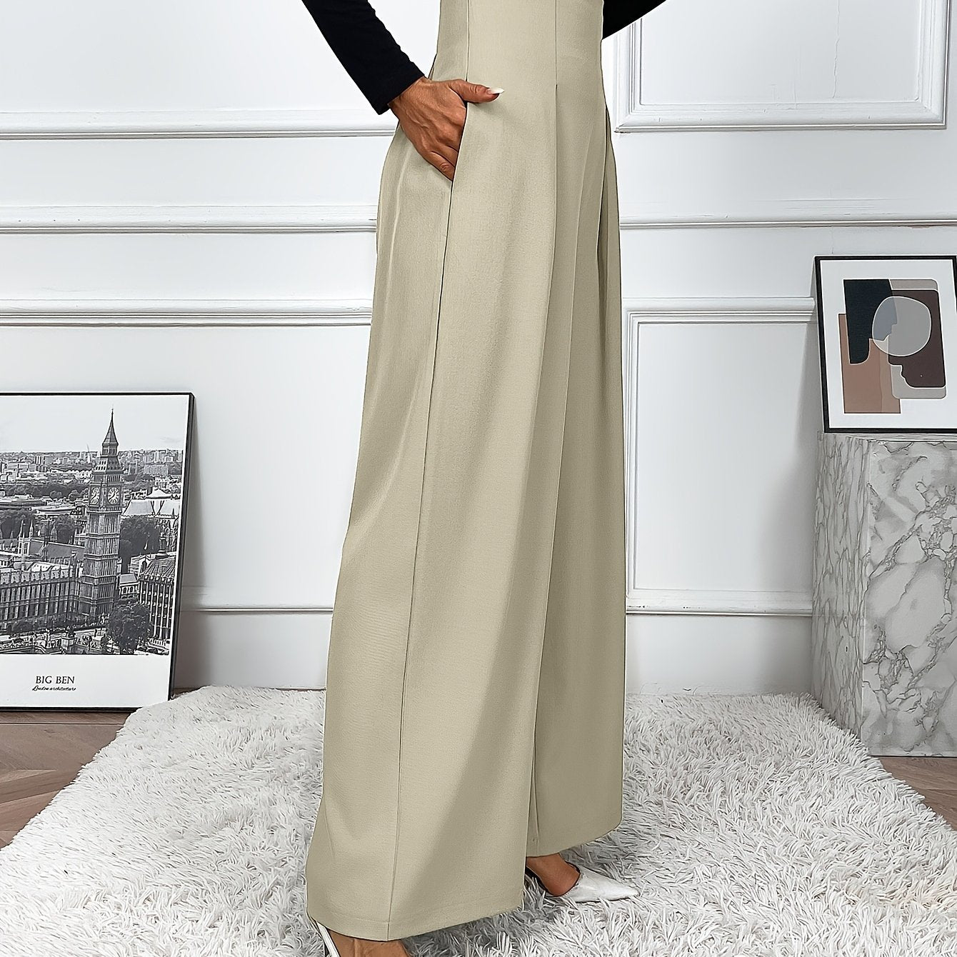 Women's wide leg pants in solid color, made from polyester elastane blend with pocket details for casual wear in spring and summer.