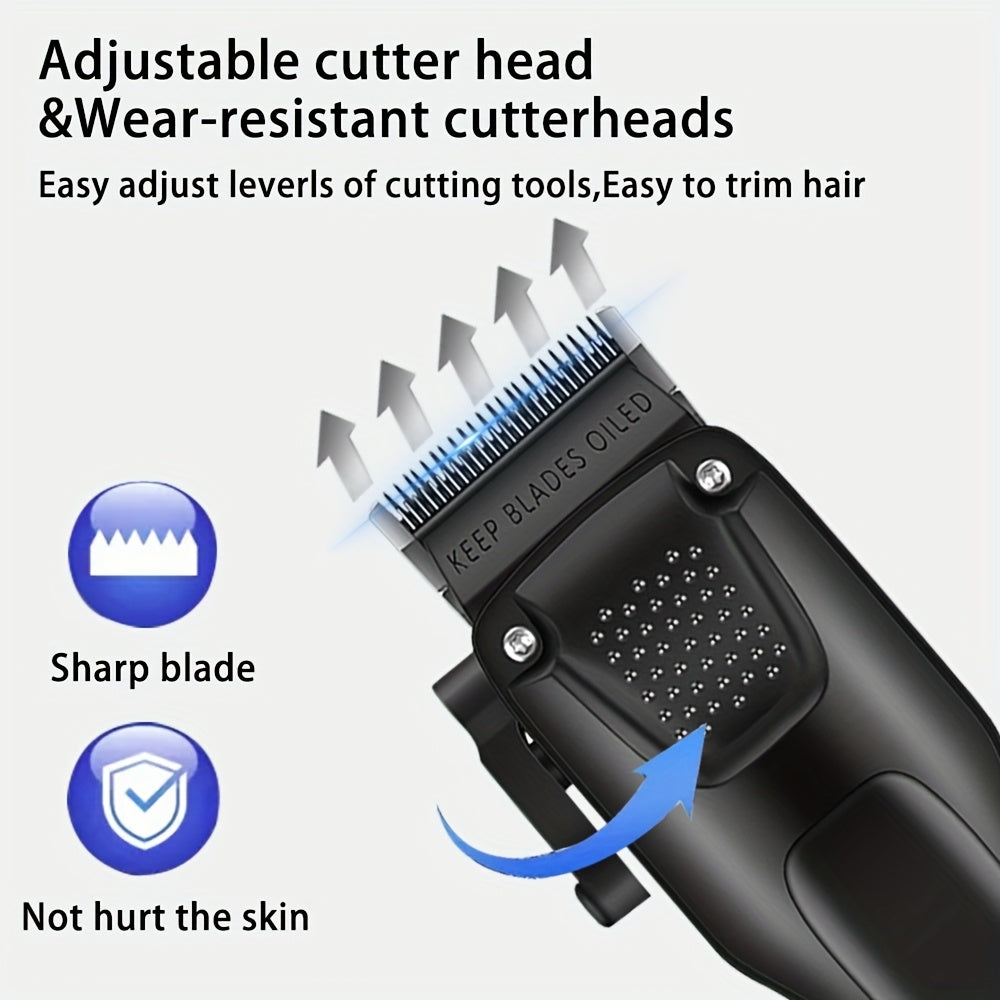 Men's hair and beard grooming kit with cordless clippers, trimmer set, and LED display. USB rechargeable and perfect for home use or gifting.