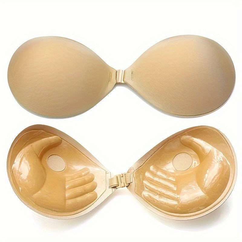 Plus size, strapless, self-adhesive push-up bra with front closure for backless comfort.