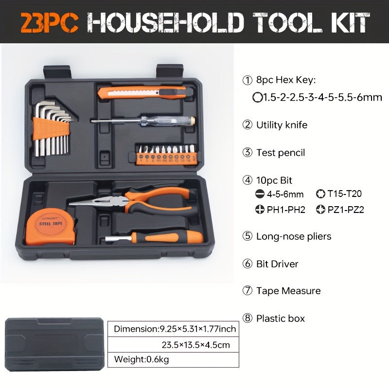 23-piece home repair tool kit with orange carbon steel tools in a durable plastic storage case, ideal for DIY projects and quick fixes.